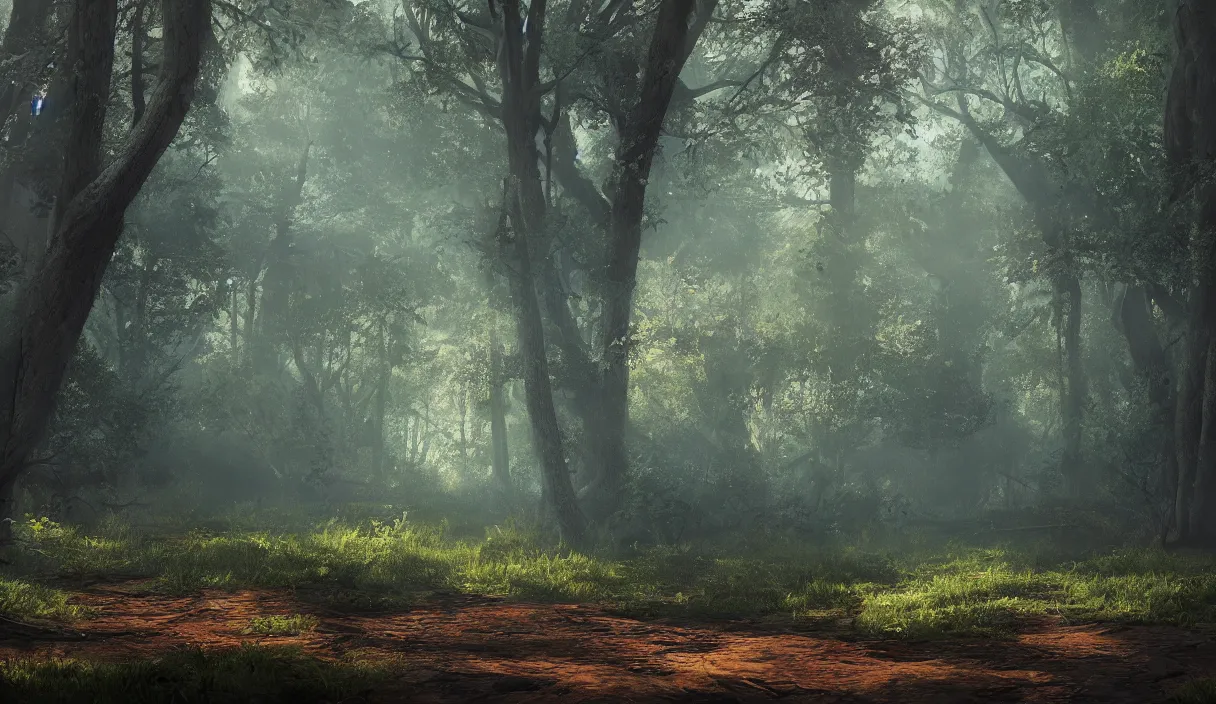 Image similar to a beautiful painting of a clearing in a forest, cinematic angle, movie concept, trending on artstation, octane render, 8 k, ultra high detail