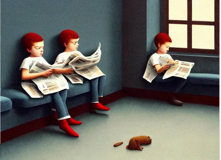 Image similar to a very boring day in school, kids wearing identical clothes reading newspapers, painting by quint buchholz and ray caesar, muted colors, gray, dull, boring, low energy, pale blue faces, very detailed