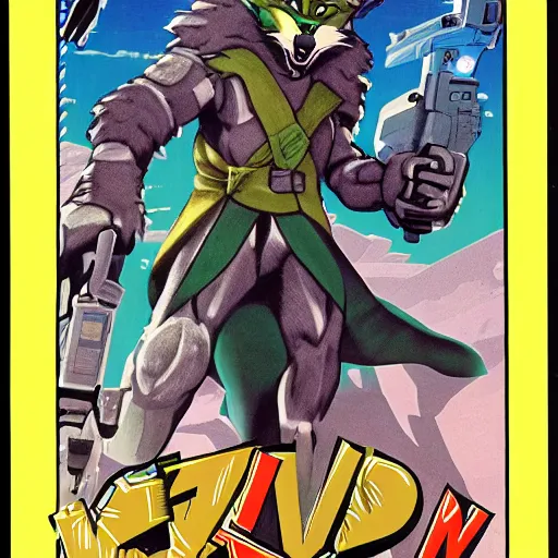 Image similar to 1 9 8 0 s video game art of anthropomorphic wolf o'donnell from starfox fursona furry wolf in a dark space mercenary uniform, looking heroic, magazine scan, 8 0 s game box art, dark grey wolf o'donnell