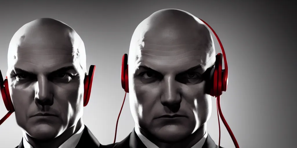 Image similar to agent 4 7 from hitman wearing headphones with wires everywhere listening to music, dark background, red rim light, smooth, sharp focus, art by irina french