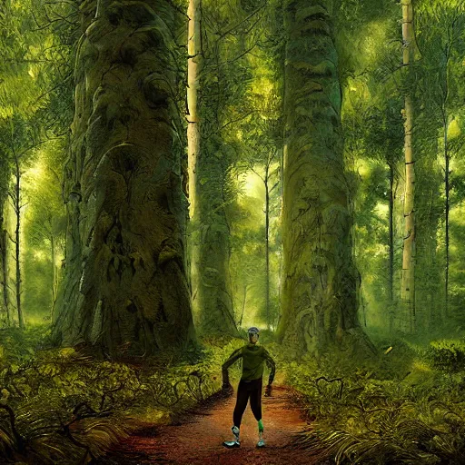 Prompt: Very highly detailed a guy in acid-green athletic sneakers runs through a forest with tall trees, a shot from the back in perspective, art by Marc Simonetti,