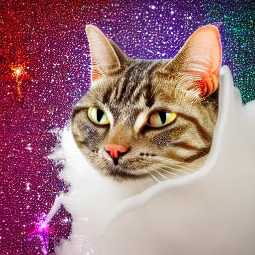 Prompt: a photo of a cat in a cloud of glitter, duochrome, calcium sodium borosilicate, f 1. 4