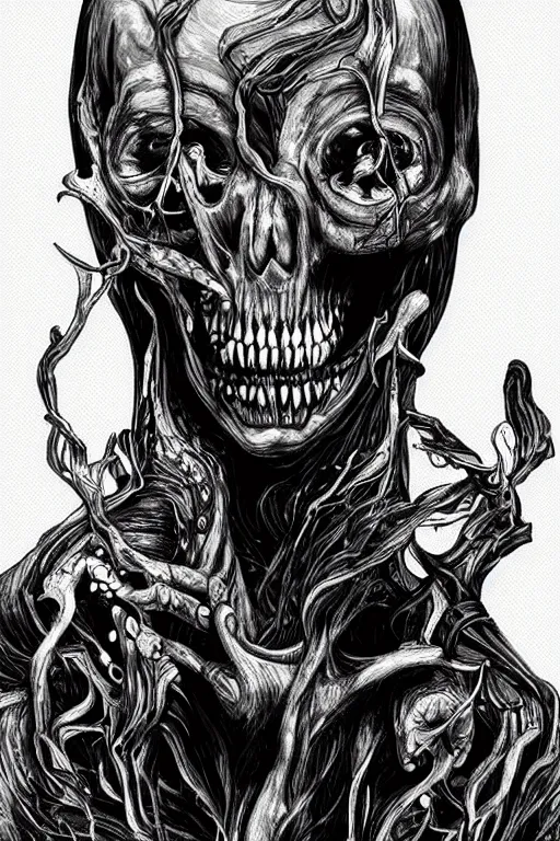 Image similar to black and white illustration, creative design, body horror, death monster