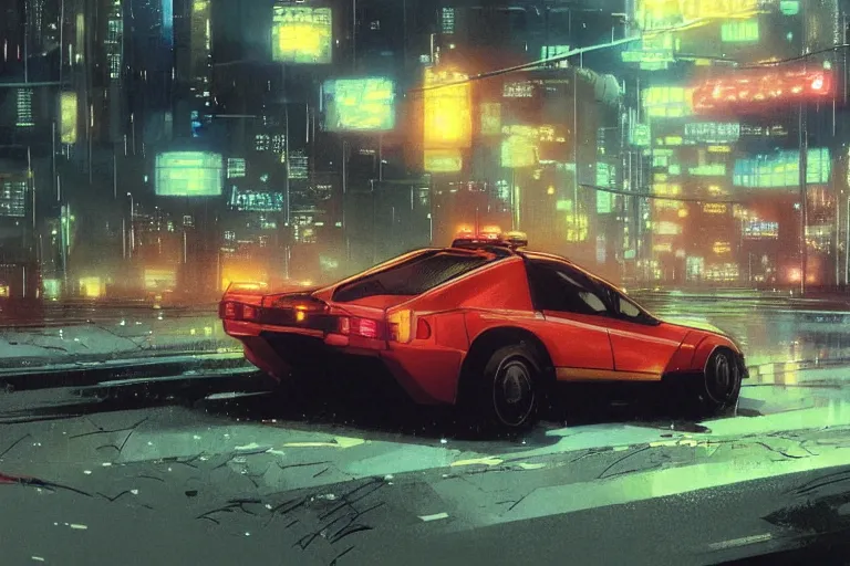 Prompt: akira cyberpunk autozam az - 1 police car with lights flashing speeding down highway at high speed at night by greg rutkowski makoto shinkai takashi takeuchi studio ghibli, akihiko yoshida