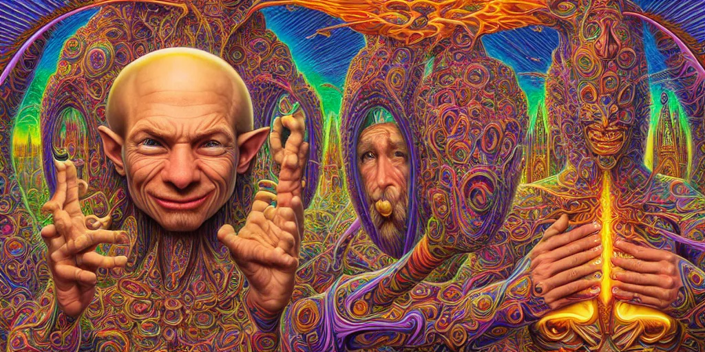 Image similar to hyper detailed portrait of a dmt time elf greeting a psychonaught, cathedral background, masterpiece composition, 8 k resolution, ultra fine illustration, alex grey, todd schorr, casey weldon, tokio aoyama, highly detailed,