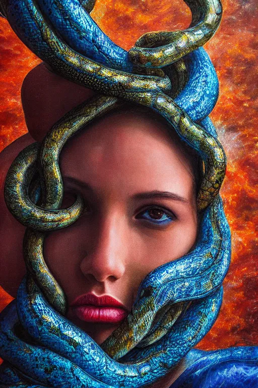 Image similar to hyperrealism oil painting, close - up portrait of face from a tangle of snakes fashion model, knight, street art gradient mixed with nebula sky, in style of baroque