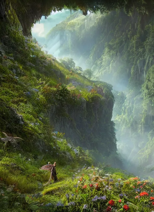 Image similar to a fairy flying in the distance in a lord of the rings scenery landscape, a vast lush valley flowers and wood structures, stream, sunrise, god's rays highly detailed, vivid color, cinematic lighting, perfect composition, 8 k, gustave dore, derek zabrocki, greg rutkowski, belsinski, octane render