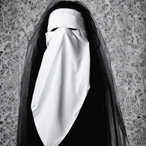 Image similar to ghost girl blindfolded in black wedding dress