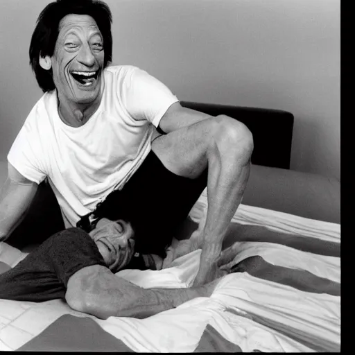 Prompt: jim varney has a nice new perm, he decides to have a pillow fight with jim varney in a white tank top. jim varney is on the bed pillow fighting with jim varney laughing having a great time playing with his jim award winning jim photography stunning hilarious pillow fight jim laughing