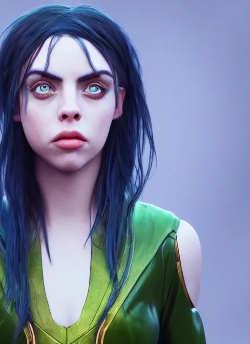 Image similar to billie eilish as female loki by Nixeu, Ian Sprigger, WLOP, Sakimichan, trending on artstation, hyper realistic, smooth octane render