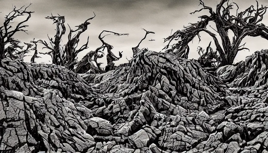 Prompt: petrified forest national park arizona in the style of bernie wrightson horror