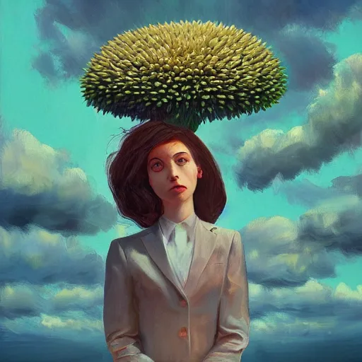 Image similar to giant daisy flower head, frontal, girl in a suit, surreal photography, sunrise, dramatic light, impressionist painting, digital painting, artstation, simon stalenhag