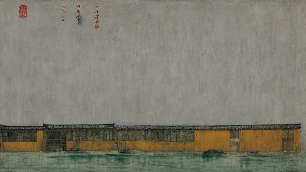 Image similar to a chinese prison near a river by peter doig, muted colors