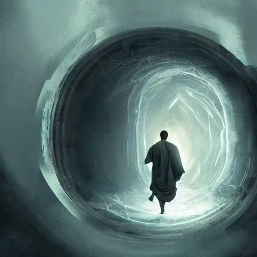 Image similar to concept art a monk discovering a portal to enlightenment, 8 k, cinematic lighting, dark, detailed, crisp, clarity, crisp, ornate, luxury, elite, zen, cinematic