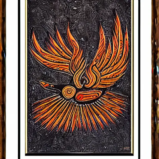 Image similar to a bird rising above the flames, mexican folk art, native american folk art, relief engraving, framed art, intricate abstract, mild expressionism, award winning