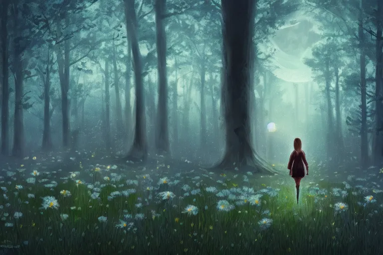 Image similar to giant bunch of daisy flowers head, girl walking in dark forest, surreal photography, dark night, stars, moon light, impressionist painting, clouds, digital painting, artstation, simon stalenhag