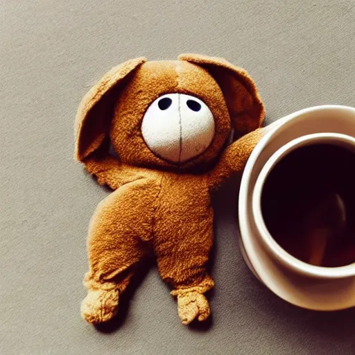 Image similar to a huggable brown chibi plush rabbit muppet monk wearing a wolf skull and dat beside a cup of tea, photorealistic, nature, photography, national geographic, sesame street