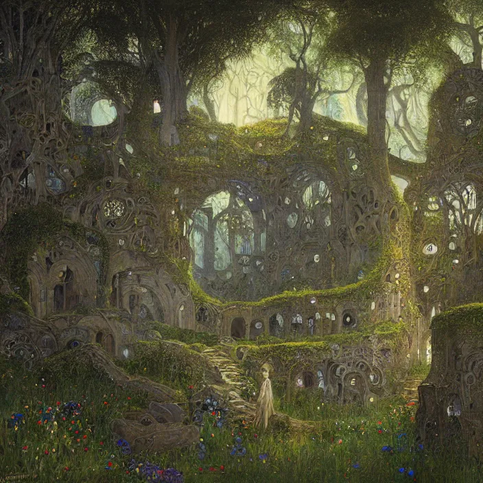 Image similar to ancient overgrown! ruins, medieval gates, runestones, mysetrious etherial mesmerizing runic!! cat eyes, magical elven geometry, concept art by gustav klimt!, deviantart contest winner, environmental art, fairy circle, grand landscape art by greg rutkowski, lit by moonlight, high detail, intricate masterpiece