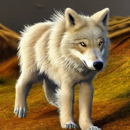 Image similar to professional stylized full - body digital art of a side profile of a tibetan wolf, light tan fur, fluffy, falling leaves, hd, 8 k, highly detailed, high quality, cute