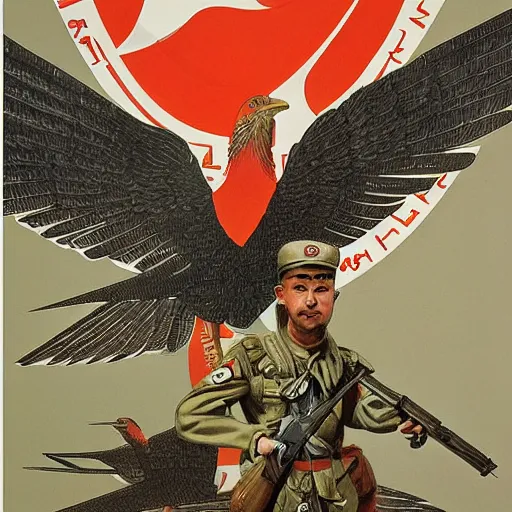 Prompt: a detailed and complex, highly detailed, concept art, soviet propaganda poster depicting a dromaius in military uniform. painting by irakli toidze,