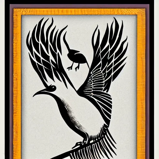 Image similar to a bird rising above the flames, mexican folk art, native american folk art, relief engraving, framed art, simple, deep black shading, mild expressionism, award winning