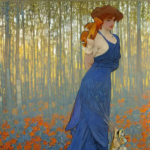 Image similar to landscape art nouveau painting of an beautiful girl dressed as a farmer and her blue fox in the forest, by alphonse mucha and gustav klimt and antoni gaudi, masterpiece,, warm shades of blue, silver, orange, gold, and pink, oil painting, high resolution, very detailed, oil on canvas, trending on artstation