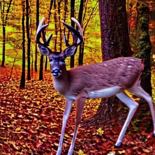 Image similar to found footage of an illustrious, colorful deer in an autumn forest, film grain, desaturated, cam corder footage