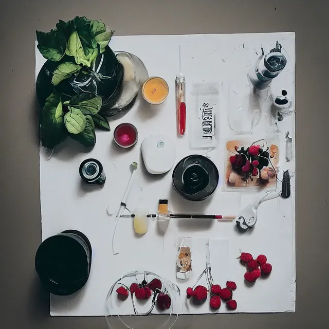 Prompt: “ flatlay, sensual portrait in a female art student ’ s apartment, brain, fresh fruit, berries, plants in scientific glassware, art materials, candle dripping white wax, berry juice drips, neo - expressionism, surrealism, acrylic and spray paint and oilstick on canvas ”