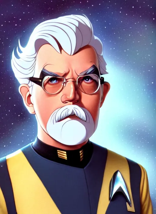 Image similar to cute star trek officer colonel sanders, natural lighting, path traced, highly detailed, high quality, digital painting, by don bluth and ross tran and studio ghibli and alphonse mucha, artgerm