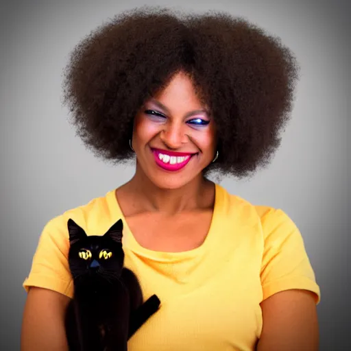 Image similar to an adult black woman, light skin, colorful ornate earrings, curly 3 c black hair, smile on her face, brown eyes, holding her small black bombay cat in the style of alex grey, trending on art station 8 k