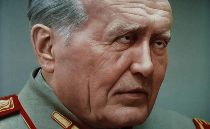 Prompt: 50s movie still close-up portrait of an elder soviet general standing in an sovietic museum, by David Bailey, Cinestill 800t 50mm eastmancolor, heavy grainy picture, very detailed, high quality, 4k, HD criterion, precise texture and facial expression