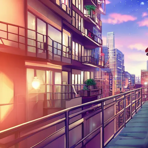 Image similar to a blonde woman with a ponytail wearing black stands on her balcony over a city street at night, anime style, 4k