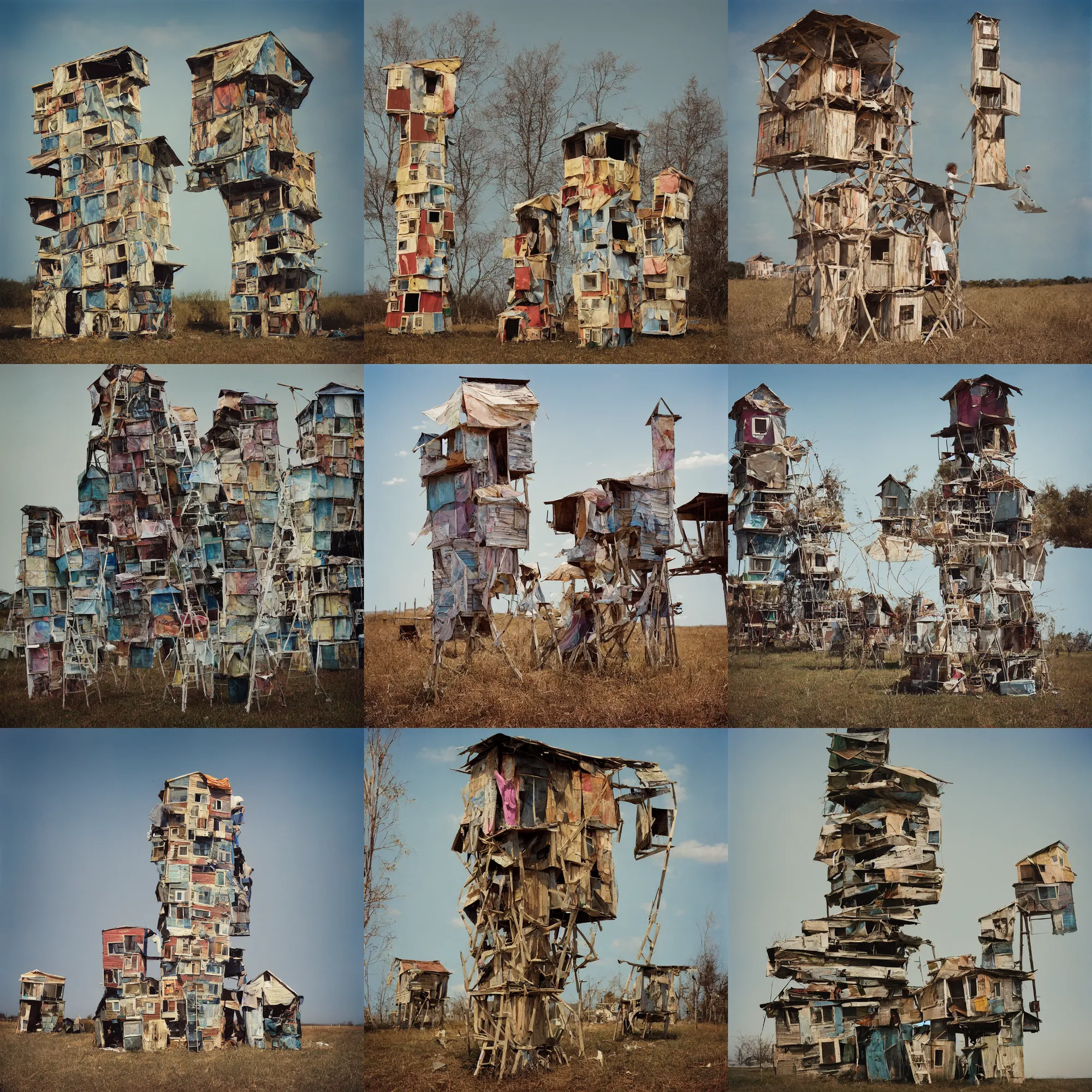 Prompt: a tower made up of makeshift squatter shacks with bleached colours, mamiya, 8 5 mm, f 1. 7, uniform plain sky, light leaks, digital glitches, photographed by julie blackmon