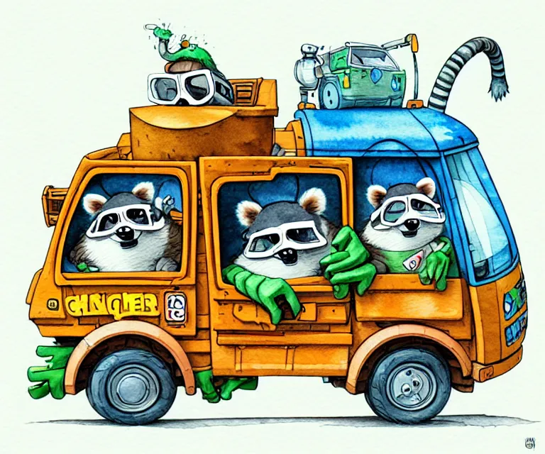 Image similar to cute and funny, racoon wearing goggles driving a tiny garbage truck, ratfink style by ed roth, centered award winning watercolor pen illustration, isometric illustration by chihiro iwasaki, edited by craola, tiny details by artgerm and watercolor girl, symmetrically isometrically centered