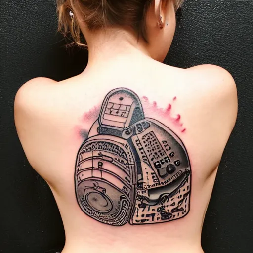 Image similar to sp - 4 0 4 audio mixer in the style of tattoo along female lower back