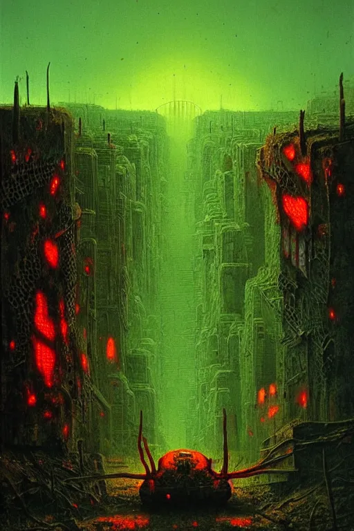 Image similar to glowing green alien crystals irradiating zombie infested city, orange and red wasteland, survival post - apocalyptic, ruined tanks, beksinski, dark sci - fi