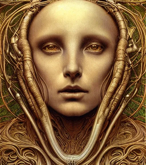 Prompt: detailed realistic beautiful young alien robot as queen of mars face portrait by jean delville, gustave dore and marco mazzoni, art nouveau, symbolist, visionary, gothic, pre - raphaelite. horizontal symmetry by zdzisław beksinski, iris van herpen, raymond swanland and alphonse mucha. highly detailed, hyper - real, beautiful