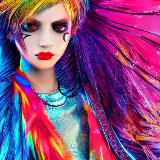 Image similar to japanese model with maximalist hair style and makeup, bright colors, fashion mode, portrait, gliter, depth of field, 8 k, hyper detailed, intricate, trending on artstation