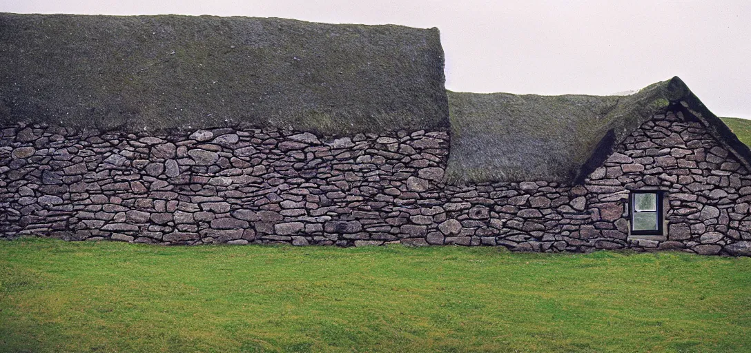 Image similar to postmodern scottish blackhouse. fujinon premista 1 9 - 4 5 mm t 2. 9. portra 8 0 0.