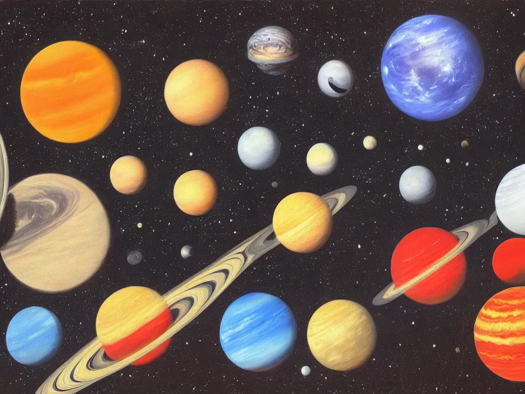 Prompt: A beautiful painting of five planets by Gioele Muscolino and Daniel Oxford, five planets that are black, white, yellow, red, and blue, behind the galaxy and the universe, Trending on artstation, By Emmanuel Lubezki