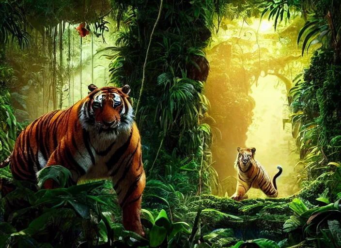 Image similar to a moist and misty jungle, a majestic tiger peeks through the brush, vines swoop in to frame, full color, depth of field, cinematic, digital art in the style of Disney live action the jungle book,