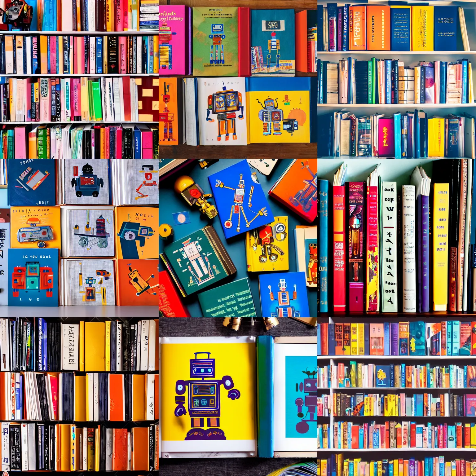 Prompt: flatlay robot book collection, vivid colors, dramatic lighting