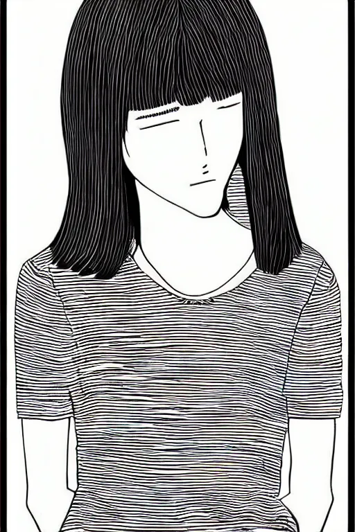 Image similar to portrait of a girl in long pants and a striped top, hands in pockets, eyes closed, bob haircut, digital art, black and white, lineart by kaoru mori