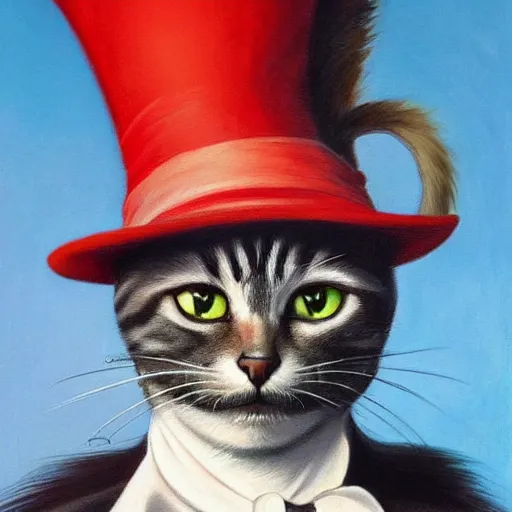 Image similar to an ultra - realistic portrait painting of the cat in the hat in the style of frank frazetta. 4 k. ultra - realistic. highly detailed. dark fantasy. epic lighting.