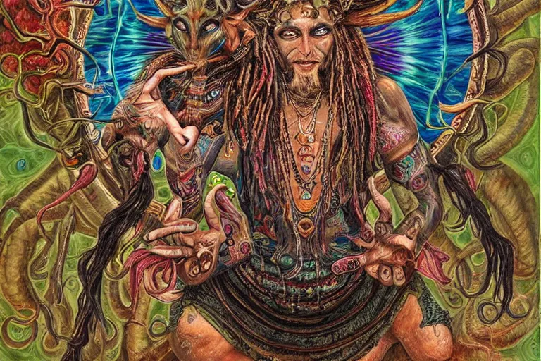 Image similar to a hyper-detailed painting with high details and textures of a psychedelic demon with dreadlocks horns and several eyes, he is in a meditation position and has an open third eye and mystical spiritual powers, the mix cernunnos + shiva