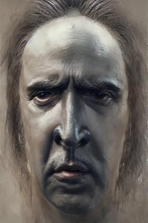 Image similar to Angel Nicolas Cage face with nimbus, dark fantasy, intricate, highly detailed, smooth, artstation, painted by Wayne Barlowe, Greg Rutkowski, zdislav beksinski, Francis Bacon