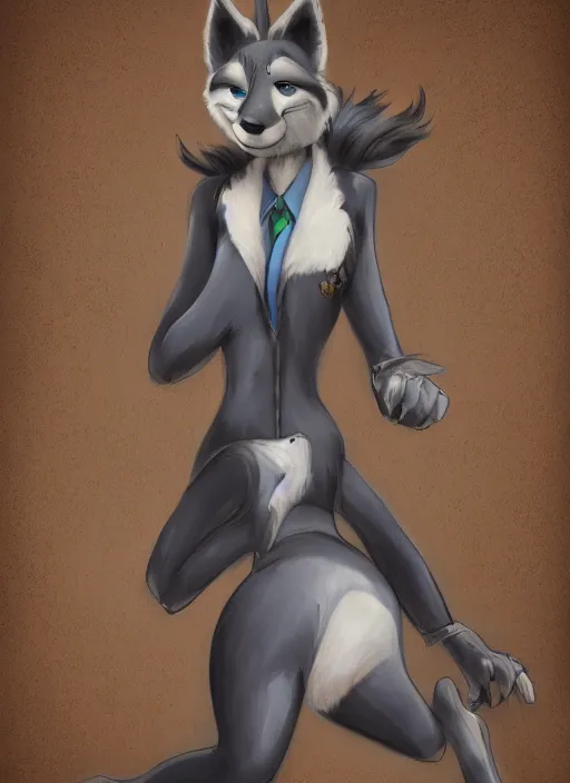 Image similar to oil painting detailed full body of anthromorphic female wolf, in style of zootopia, zootopia, zootopia, fursona, furry, furaffinity, 4 k, deviantart, furry art, fursona art, wearing black business suit, business suit, in style of zootopia, wolf fursona, cyberpunk, female, expressive, detailed feminine face,