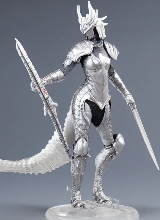 Image similar to 80mm, resin detailed model figure of a female wearing a silver dragon armor without helmet