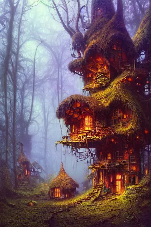 Prompt: a ramshackle multistory fairytale hut in the forest by Bruce Pennington, highly detailed, digital painting, concept art, sharp focus, artstation