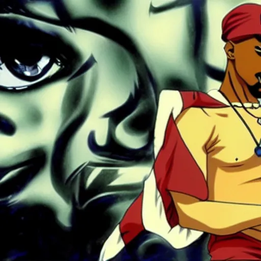 Image similar to Tupac Shakur, screenshot from a 2012s anime